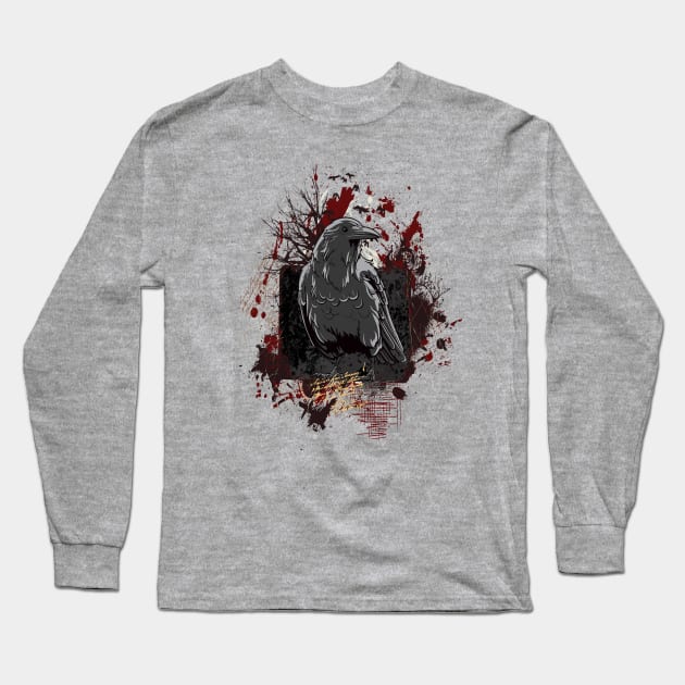 The Crow Grunge Design with Blood Splatters and Trees Long Sleeve T-Shirt by ddtk